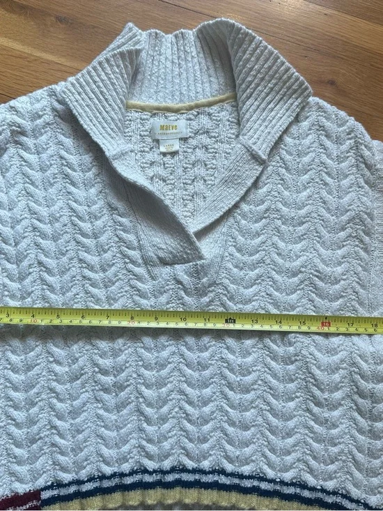 Anthropologie White Cable-Knit V-Neck Sweater Vest with Multicolor Stripe Hem - Picture 4 of 6